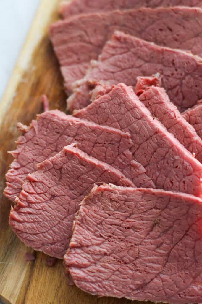 slices of corned beef on a plate.