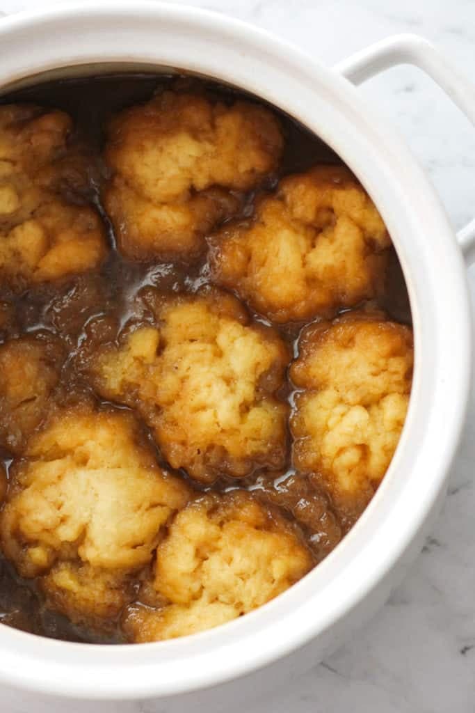 caramel dumplings in a baking dish.
