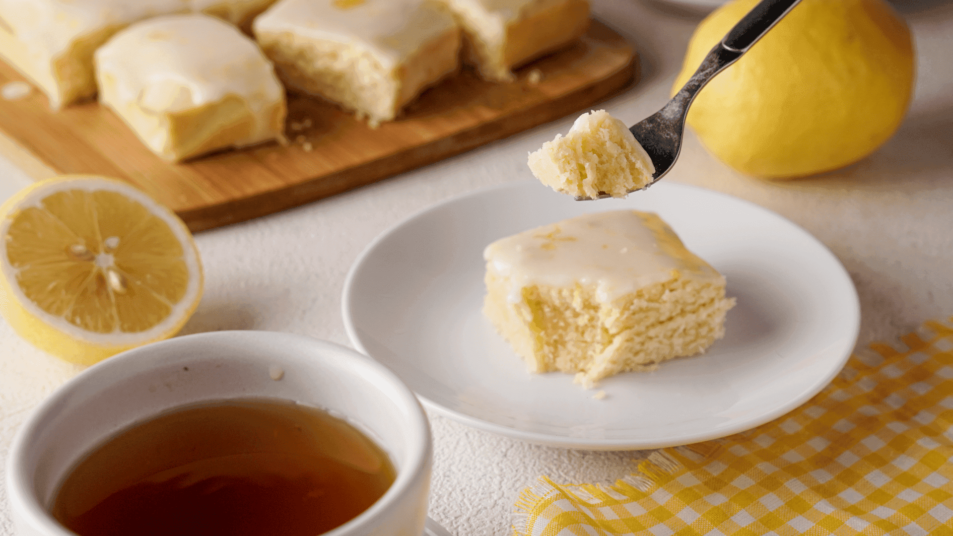 Lemon brownies on a white plate