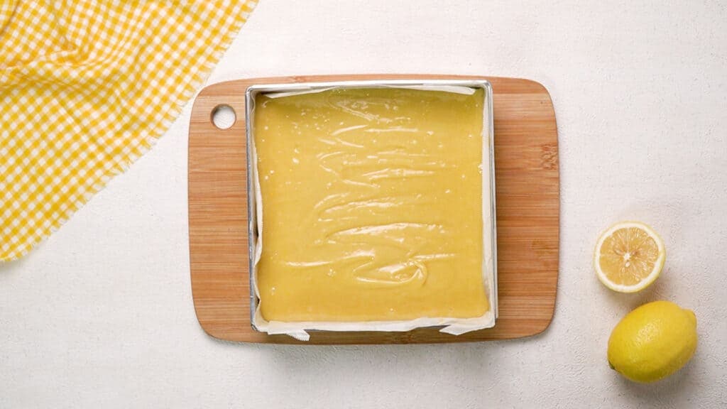 lemon brownies batter in baking pan 