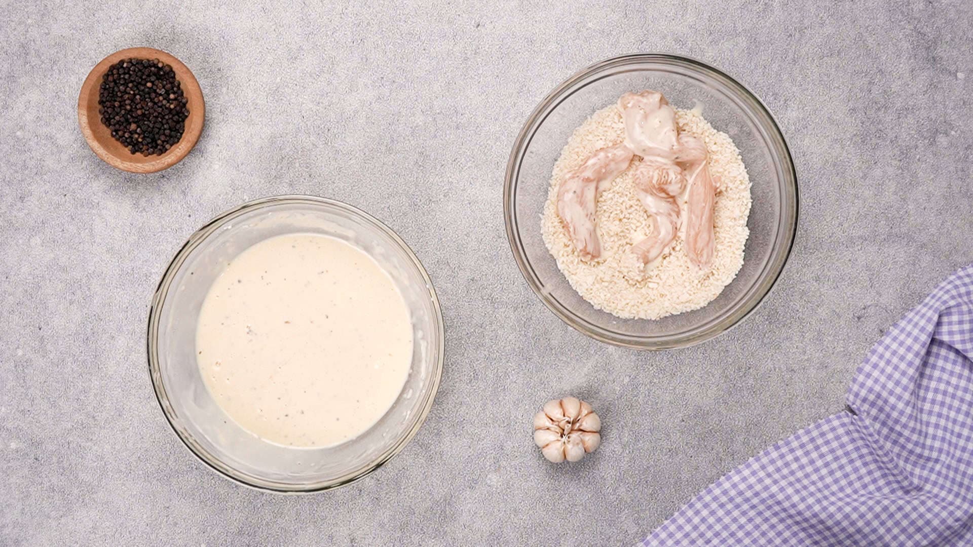 Then, roll the battered chicken in the panko breadcrumbs, pressing gently so the panko breadcrumbs stick nicely.