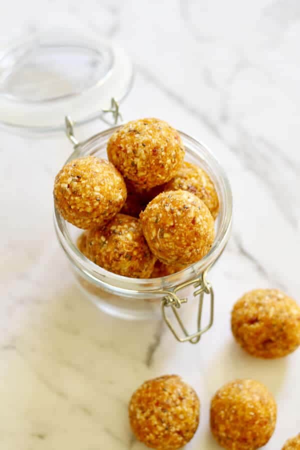 No Bake healty Apricot Balls in a glass jar