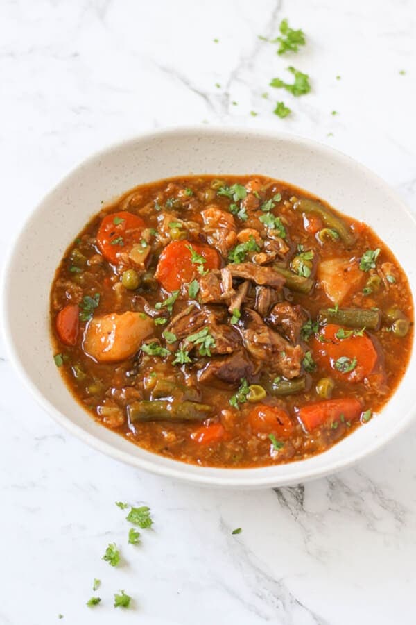 beef and vegetable stew in a white bowl