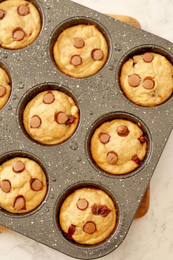 healthy banana chocolate chip muffins in a muffin tray