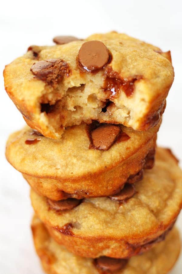 close up of a stack of healthy banana chocolate chip muffins