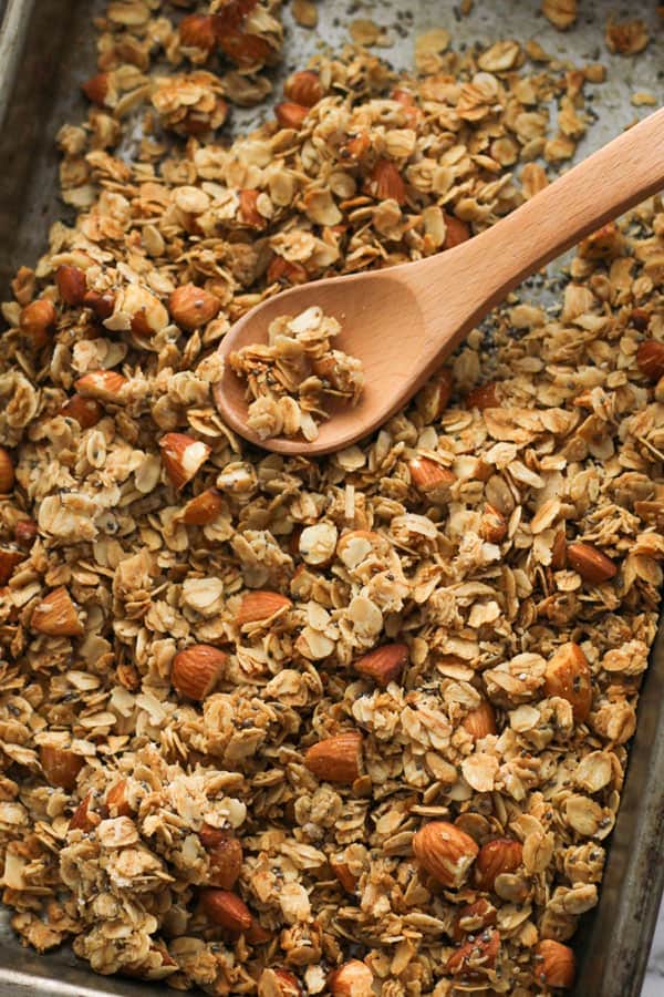 granola on a baking tray.
