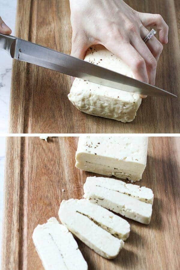 step by step photos on how to cut halloumi cheese.