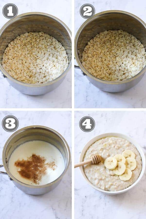 step by step photo instructions on how to make oatmeal on the stovetop.