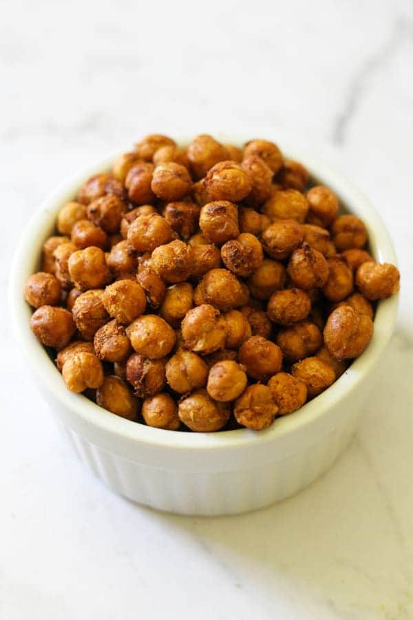 crispy chickpeas in a white bowl.