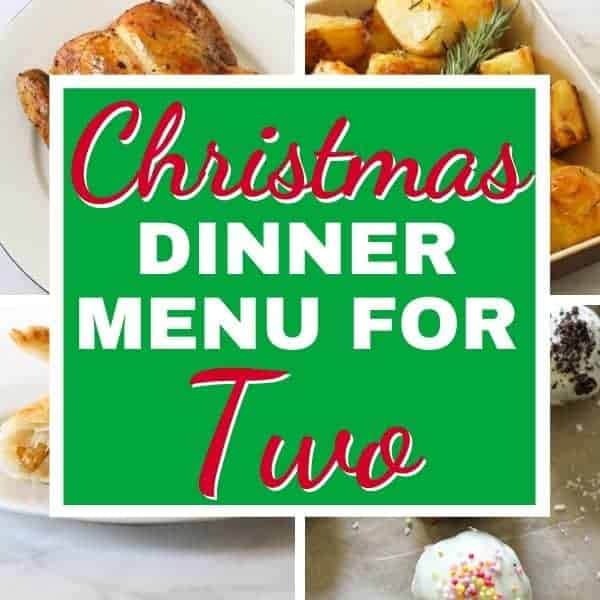multiple images of roast dinner with text overlay "christmas dinner menu for two".