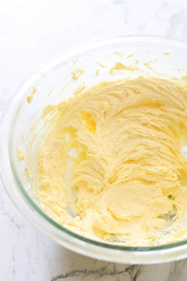 whipped butter and sugar in a bowl.