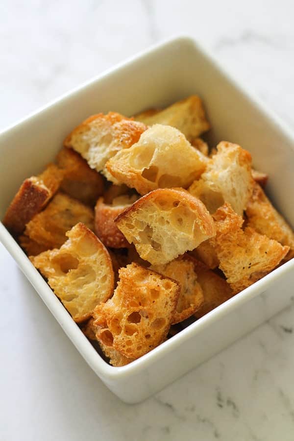 croutons in a white bowl.