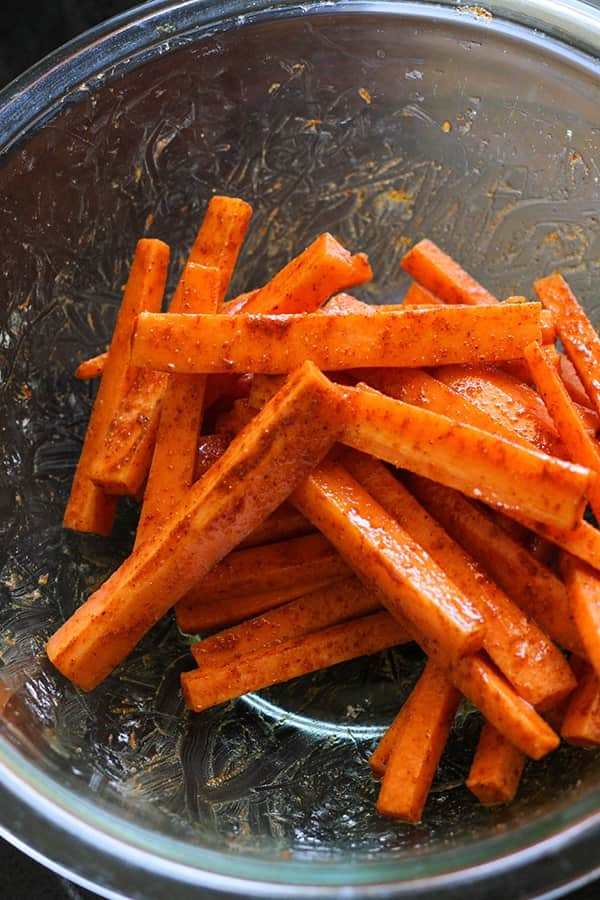 carrot fries in a glass bowl.