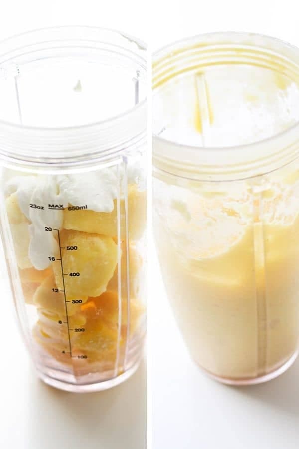 mango pineapple popsicle mixture in a blender cup.