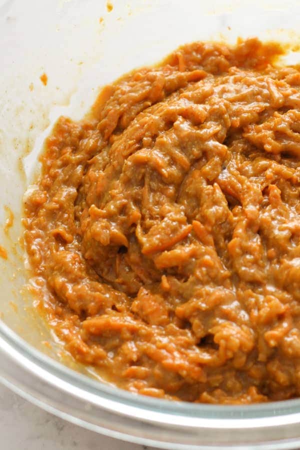 carrot cupcake mixture in a glass bowl.