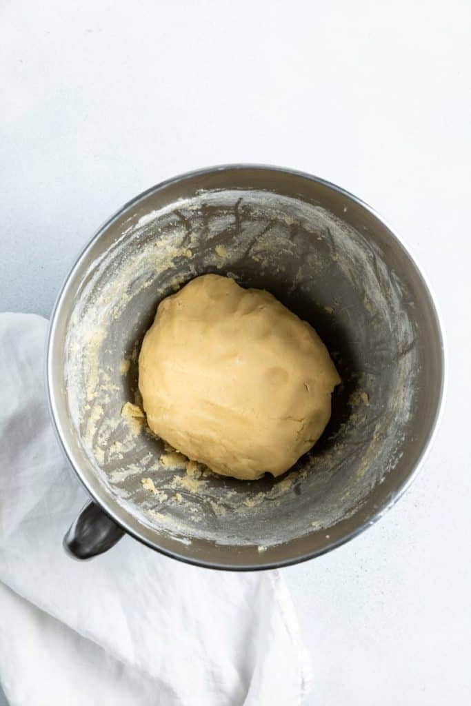 dough in a mixing bowl.