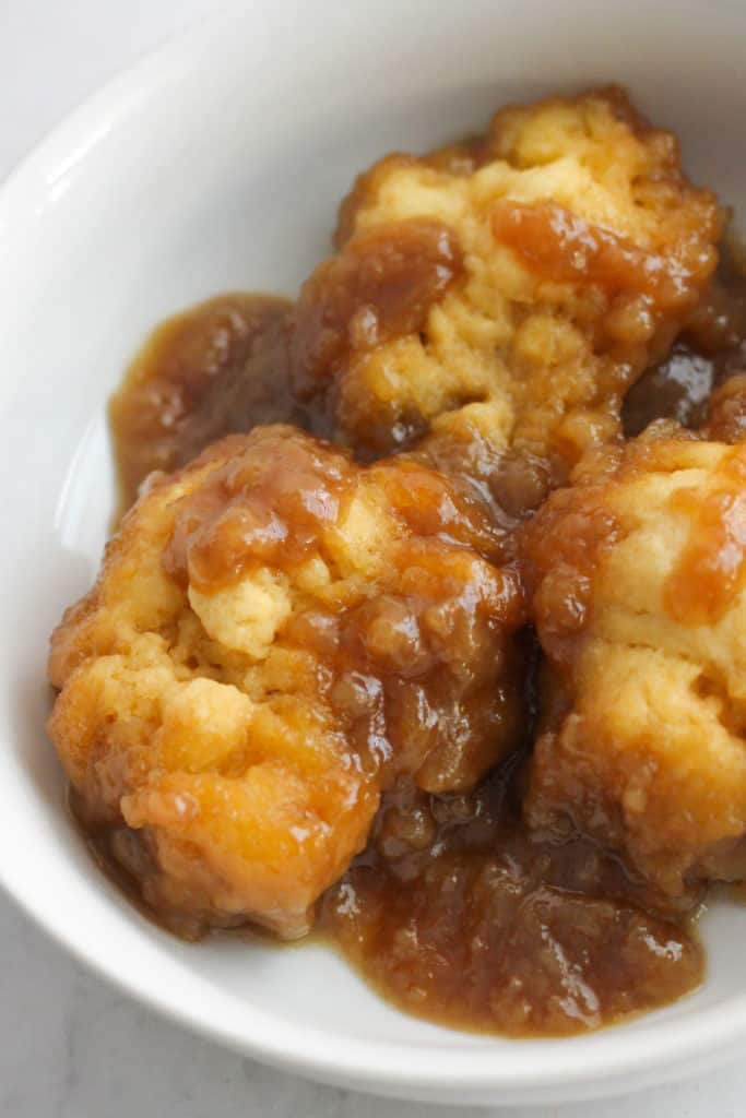 caramel dumplings in a white bowl.