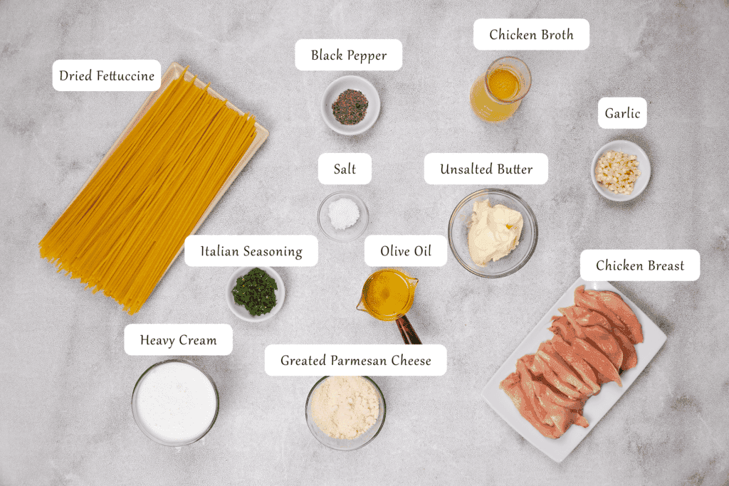 Ingredients for Chicken Alfredo Pasta