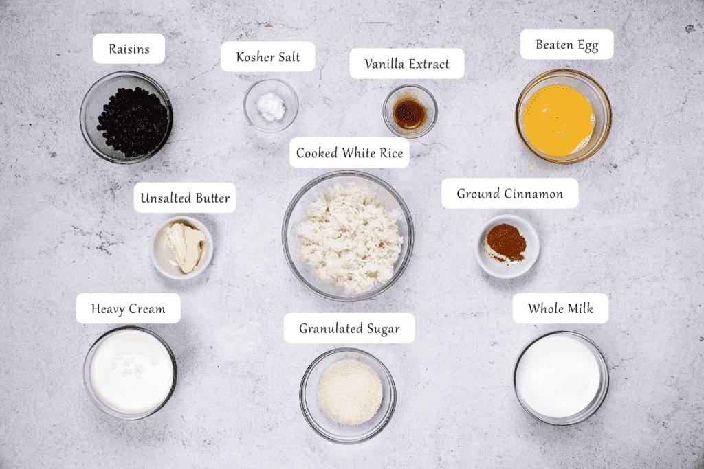 Ingredients for Rice Pudding with cooked rice